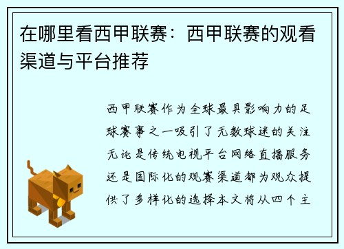 在哪里看西甲联赛：西甲联赛的观看渠道与平台推荐