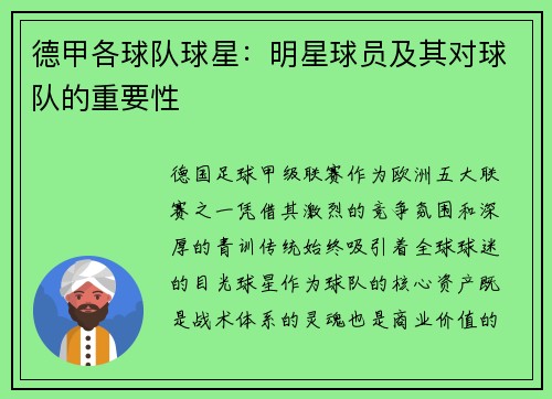 德甲各球队球星：明星球员及其对球队的重要性